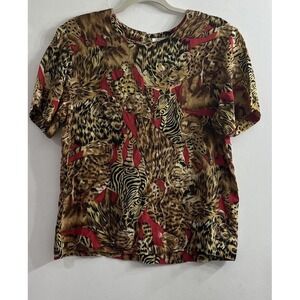 Vintage En Route Womens 80s S Silk Short Sleeve Top Red Brown Animal Zebra Retro
